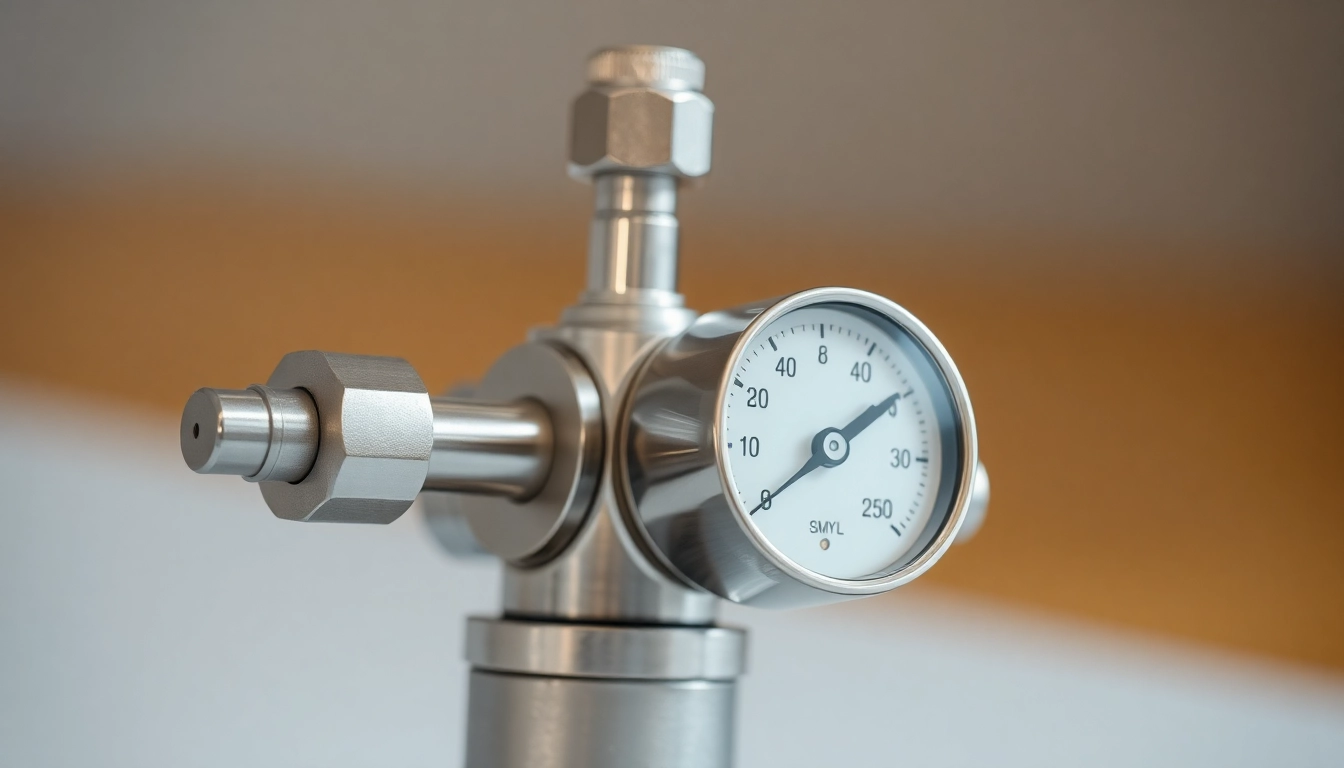 Inspecting a nitrogen regulator featuring dual gauges for precise pressure readings in a laboratory setting