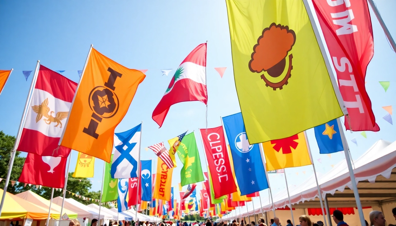 Showcasing custom flags ireland waving at a lively outdoor event, featuring unique designs against a blue sky.