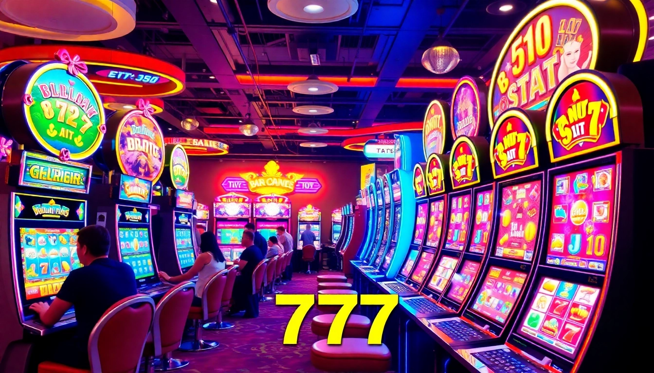 Experience thrilling สล็อต777 gameplay with vibrant slot machines and excited players enjoying their time.