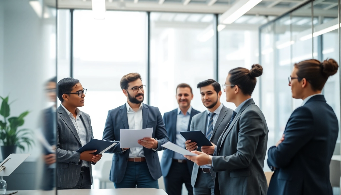 Professionals collaborating on outsourcing strategies in a modern office.