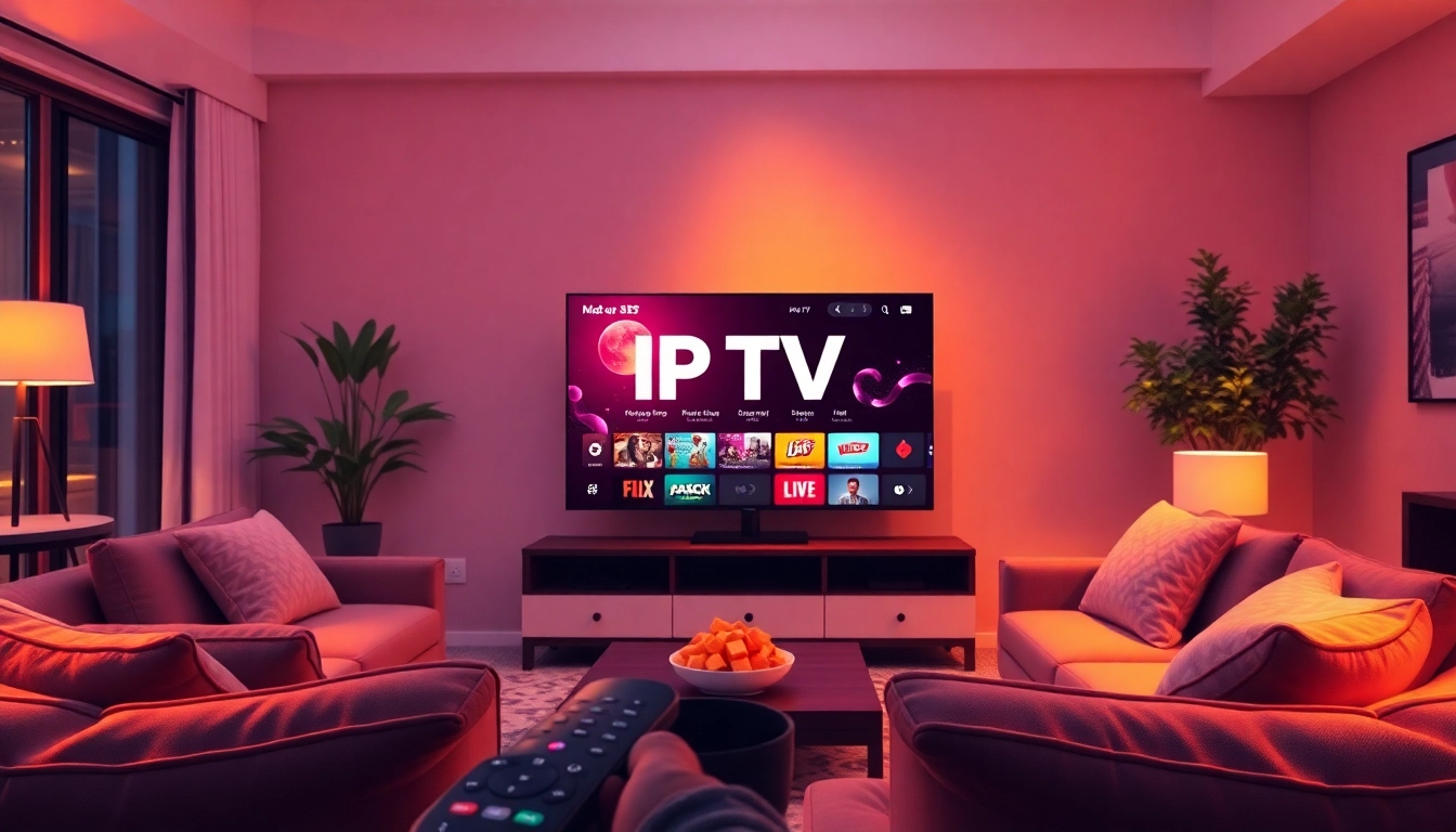 Explore a free iptv trial experience in a cozy living room with a vibrant TV display.