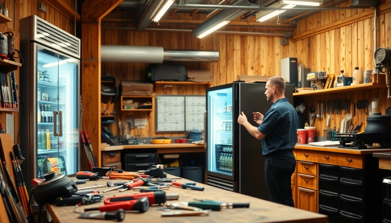 Technician performing beverage cooler repair in a cluttered workshop with tools visible.