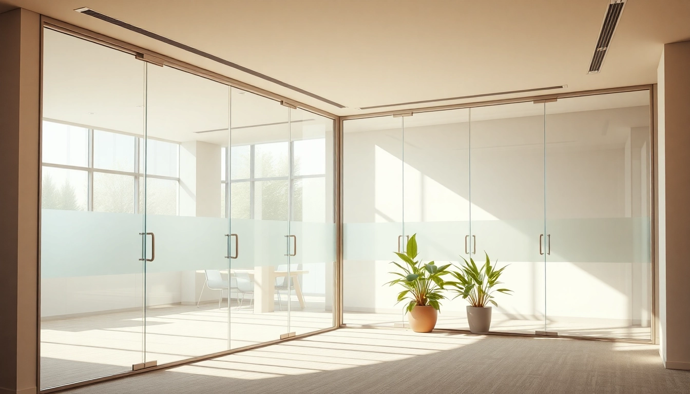 Showcase movable glass partitions enhancing a contemporary workspace's elegance and spaciousness.