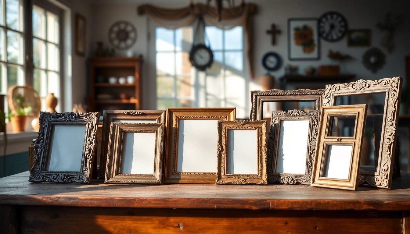 Showcase vintage frames displayed on a rustic wooden table, highlighting their unique designs and charm.