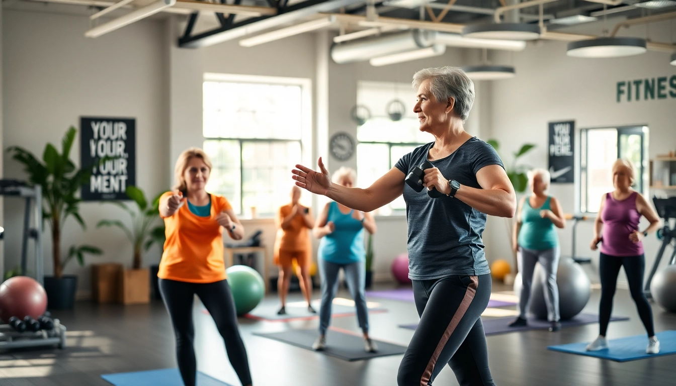 Senior Fitness trainer Jersey City instructs seniors on exercises in an inviting gym atmosphere.