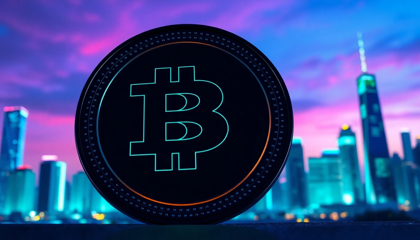 Showcasing the BasedChadHQ token against a vibrant city skyline, emphasizing its futuristic design.