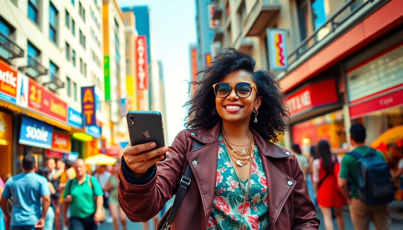 Crushonia influencer engaging with the audience in an urban setting, showcasing vibrant fashion.