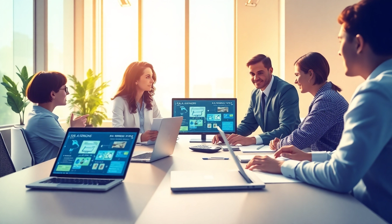 Create designs using advanced AI design tools for businesses in a modern office environment.