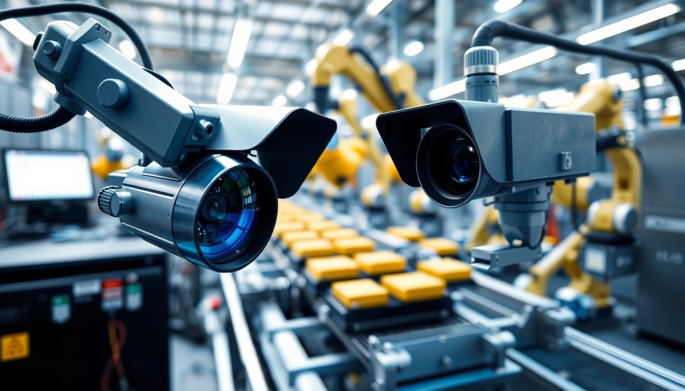 Visual representation of machine vision technology analyzing an assembly line, featuring advanced cameras and robotics.