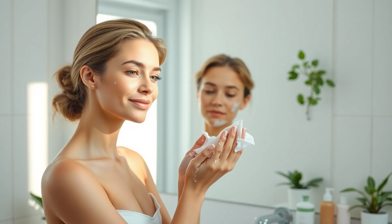 Use a good face wash for oily skin as a model cleanses her face in a bright bathroom.