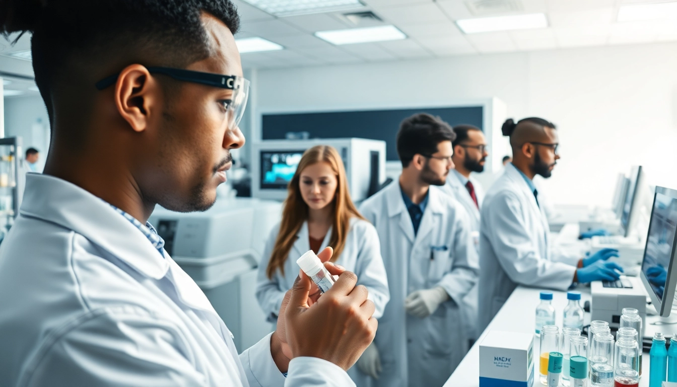 Analyze drug impairment test results in a professional laboratory setting with scientists and high-tech equipment.