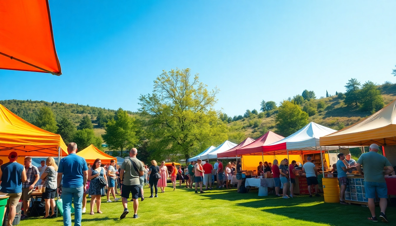 Engaging community gathering at wildfire events with vibrant booths and festive atmosphere.