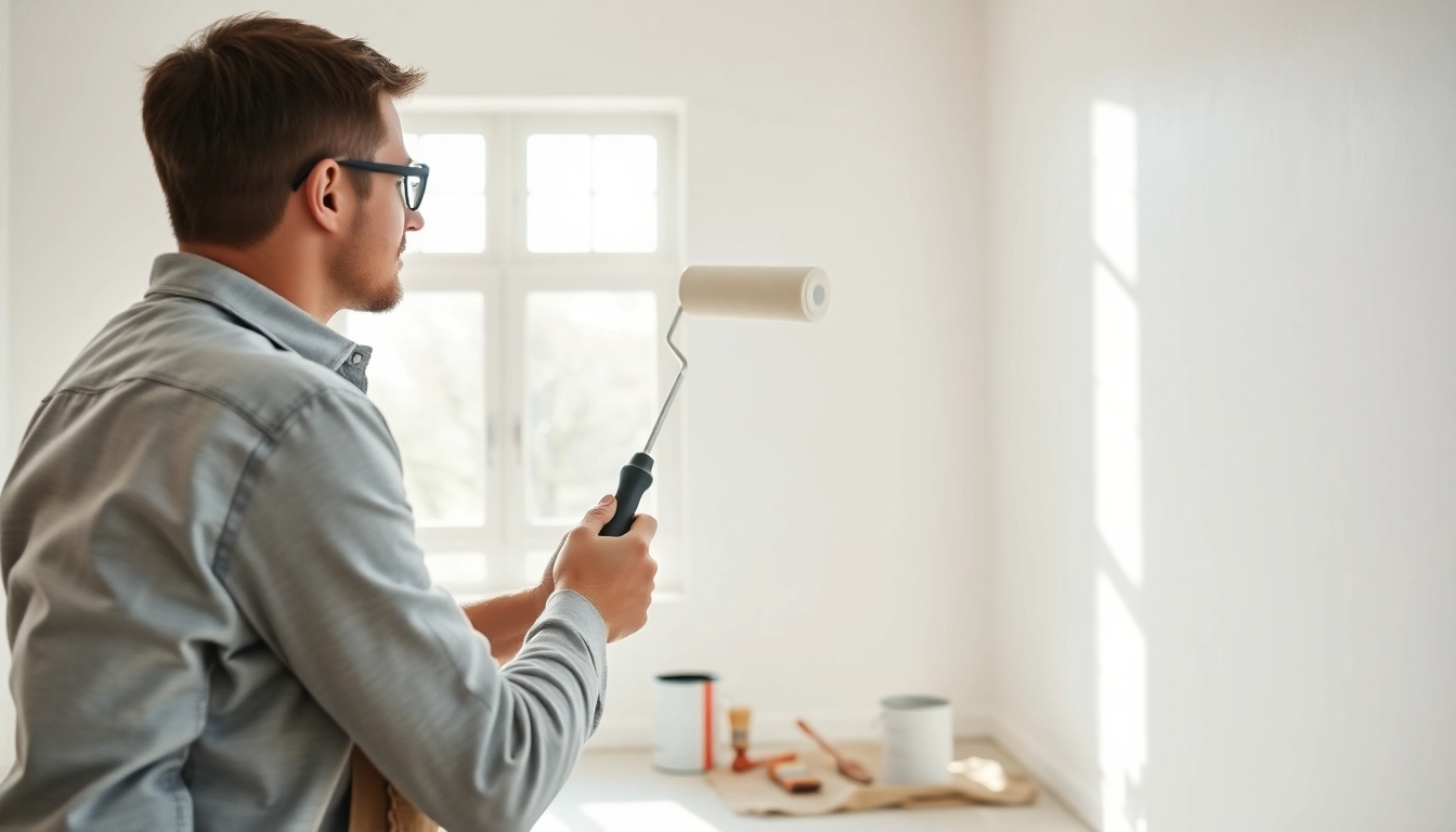 Handyman performing drywall painting, showcasing smooth technique and vibrant colors.