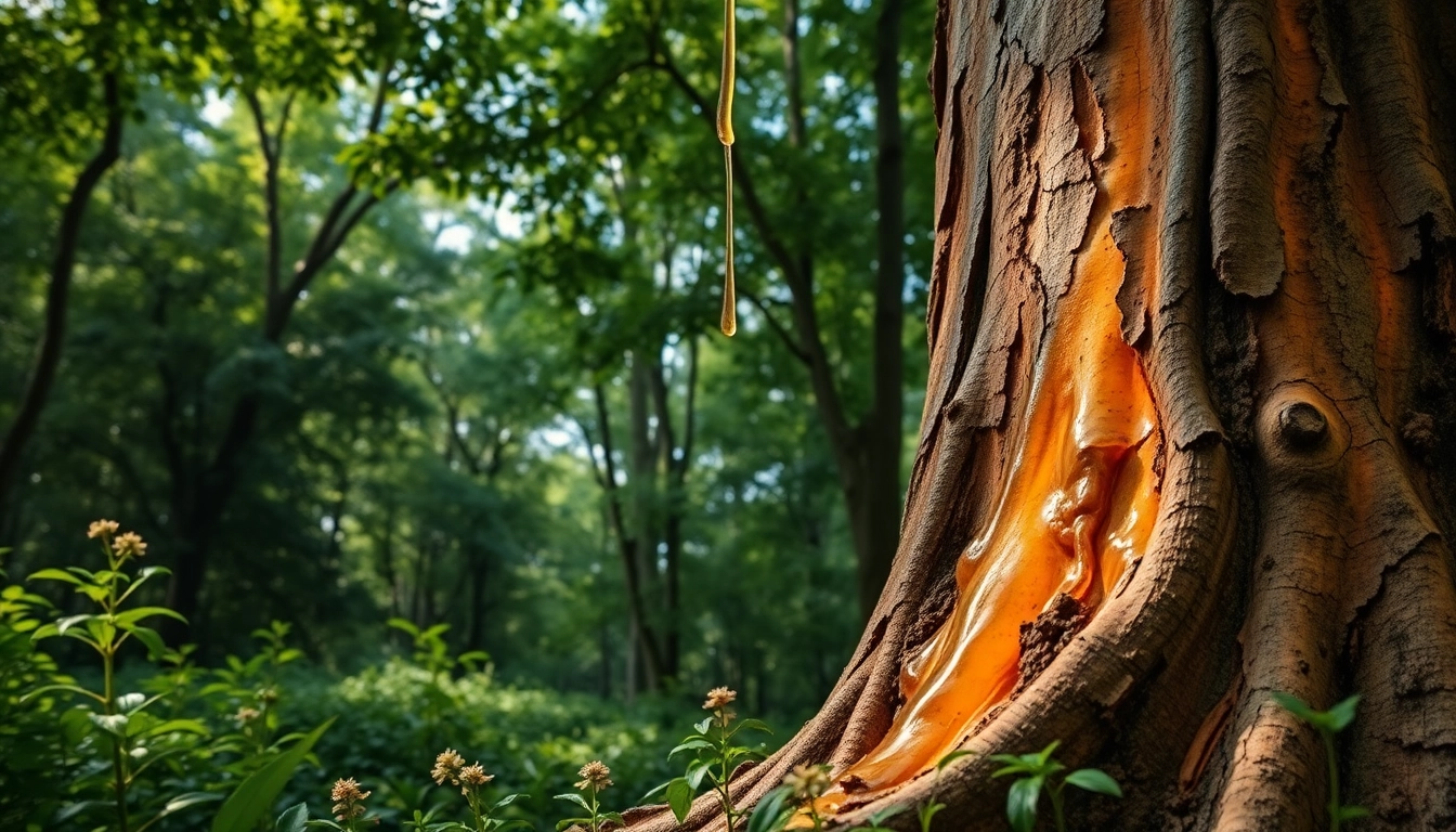 Extraction de Benjoin de l'arbre dans une forêt luxuriante verdoyante.