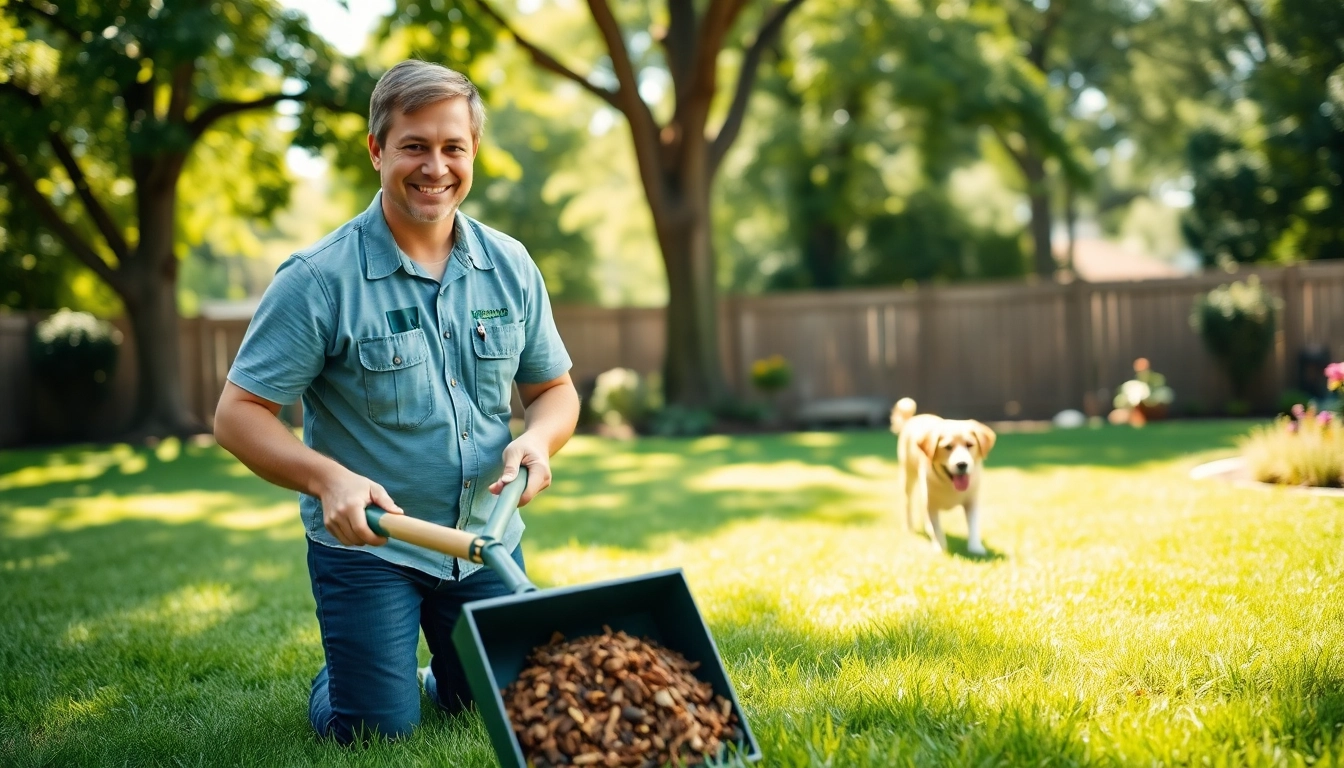 Dog poop pickup in action by a professional technician in a lush green backyard.