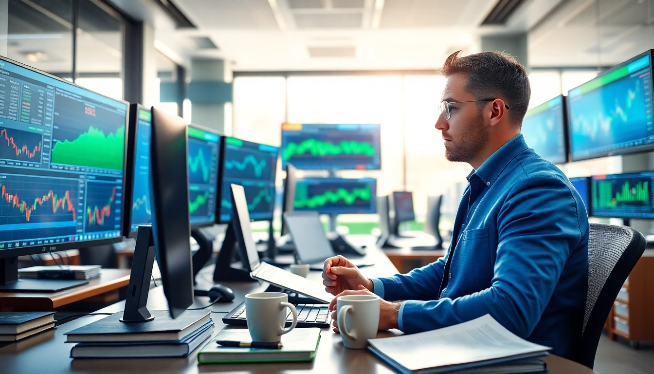 Trader engaged in analysis of trade futures in a modern office space.