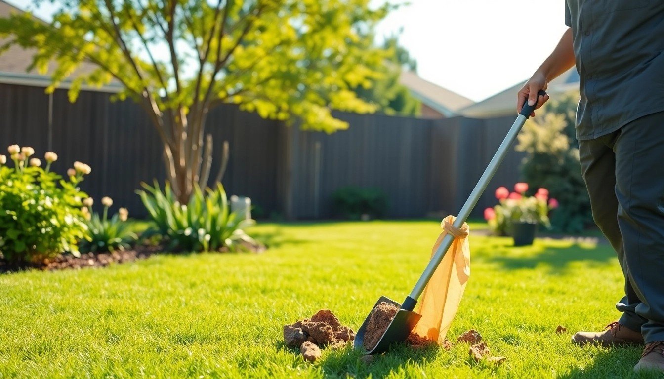 Weekly dog poop scooping service performed by a technician in a suburban yard.