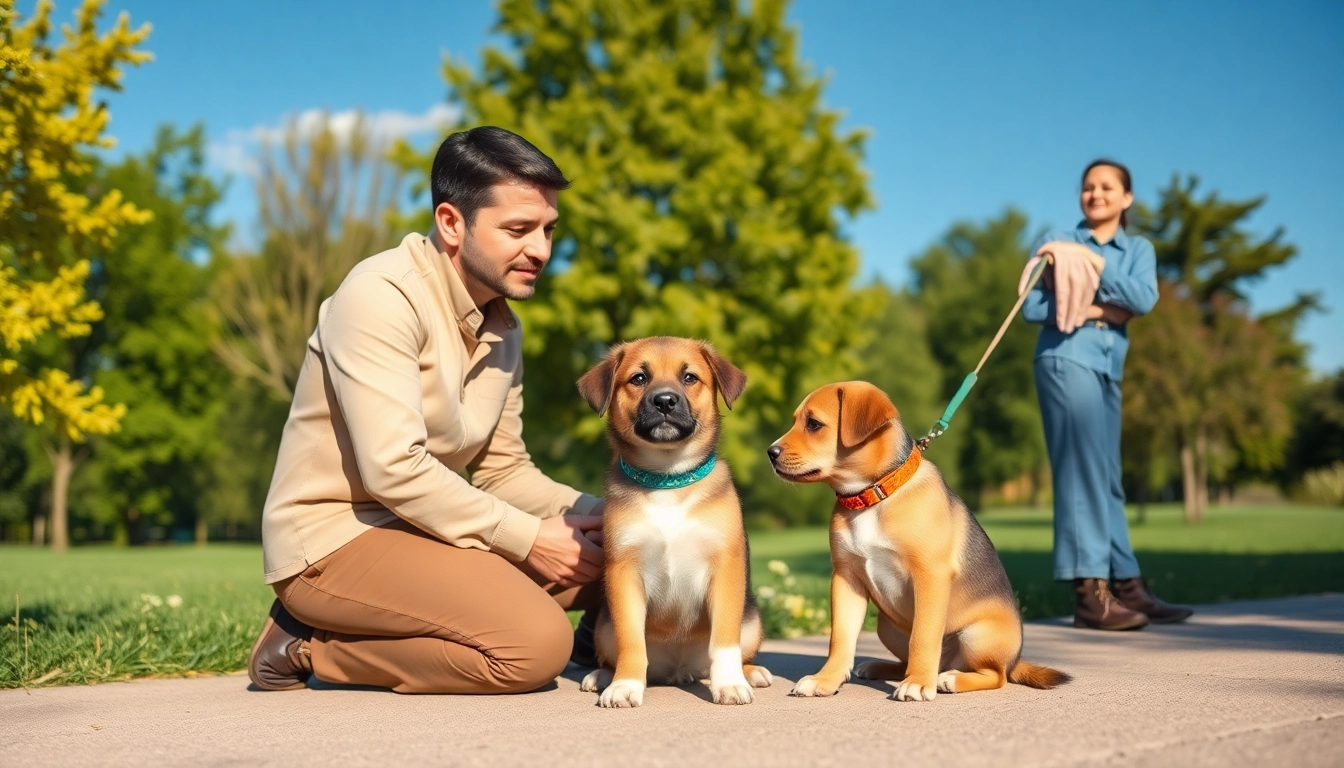 Mastering dog training in Irvine, a trainer engages with a playful puppy in a sunny park.