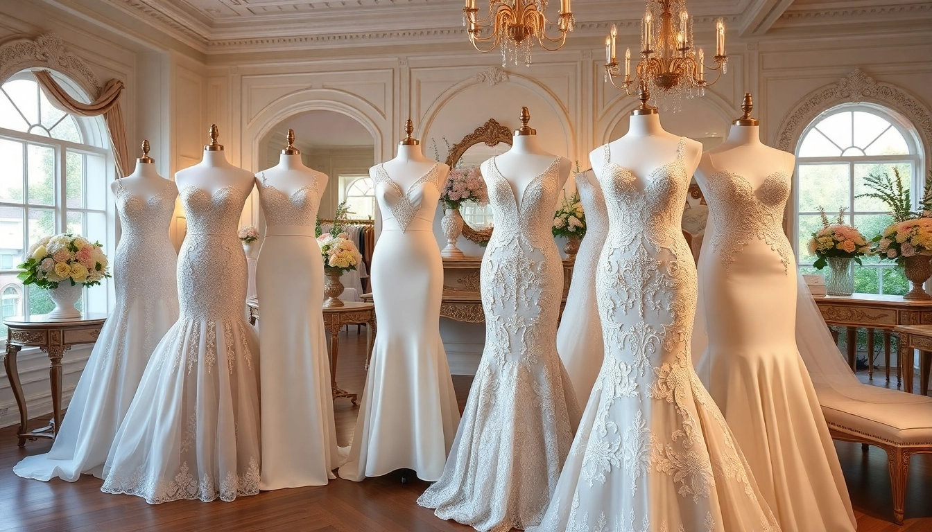Explore exquisite reception wedding dresses showcased in an elegant boutique setting.