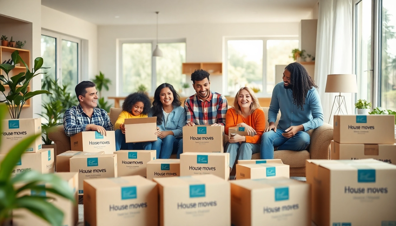 Family joyfully engaging in house moves, unpacking boxes in a bright living room.