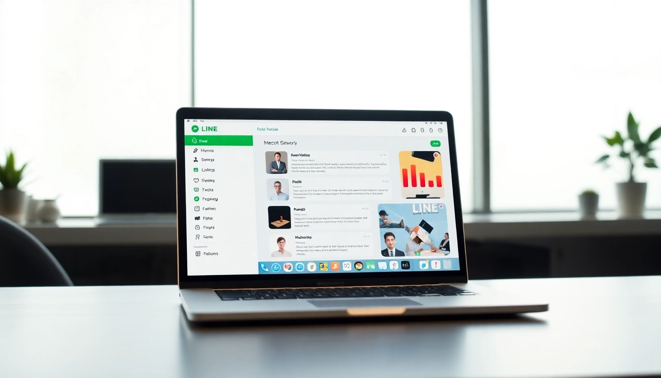 Download line電腦版官方下載 on a sleek laptop in a modern workspace.