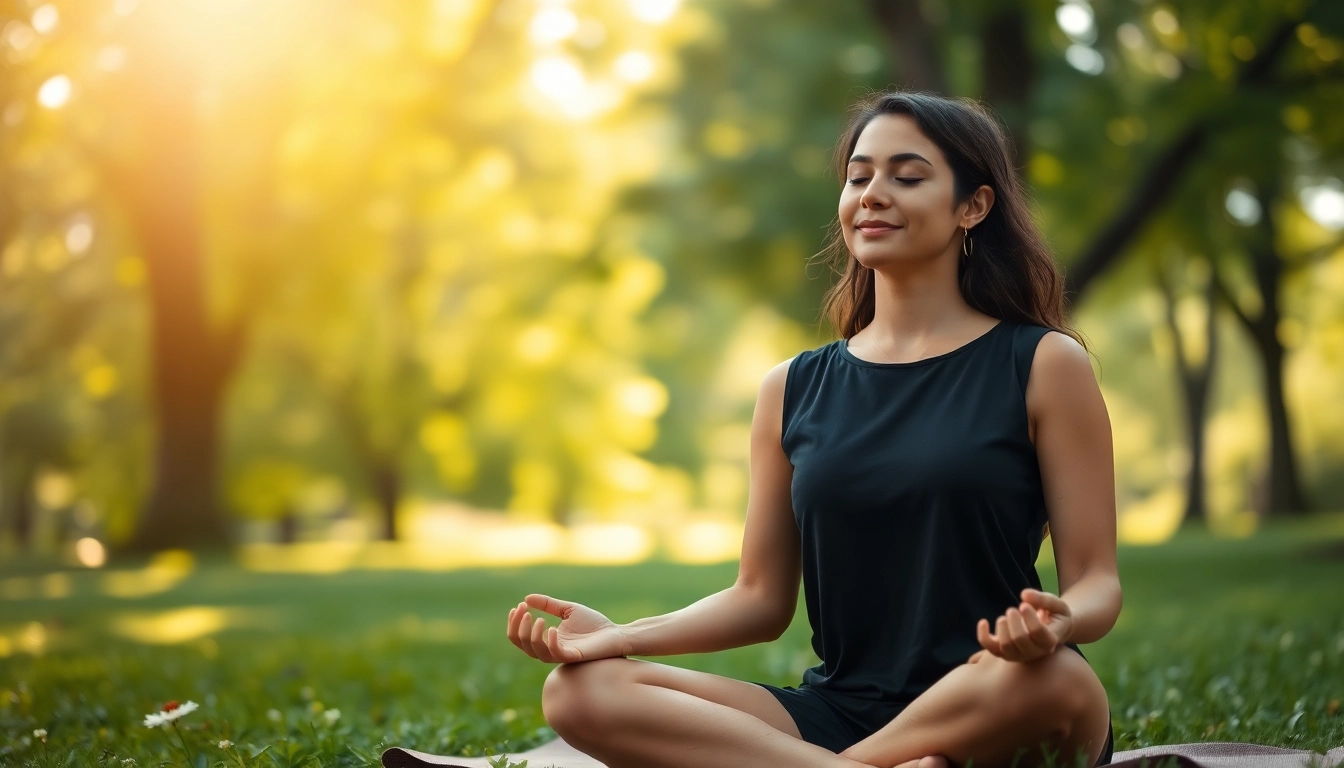 Engaging scene of dealing with anxiety through mindfulness meditation in a peaceful park setting.