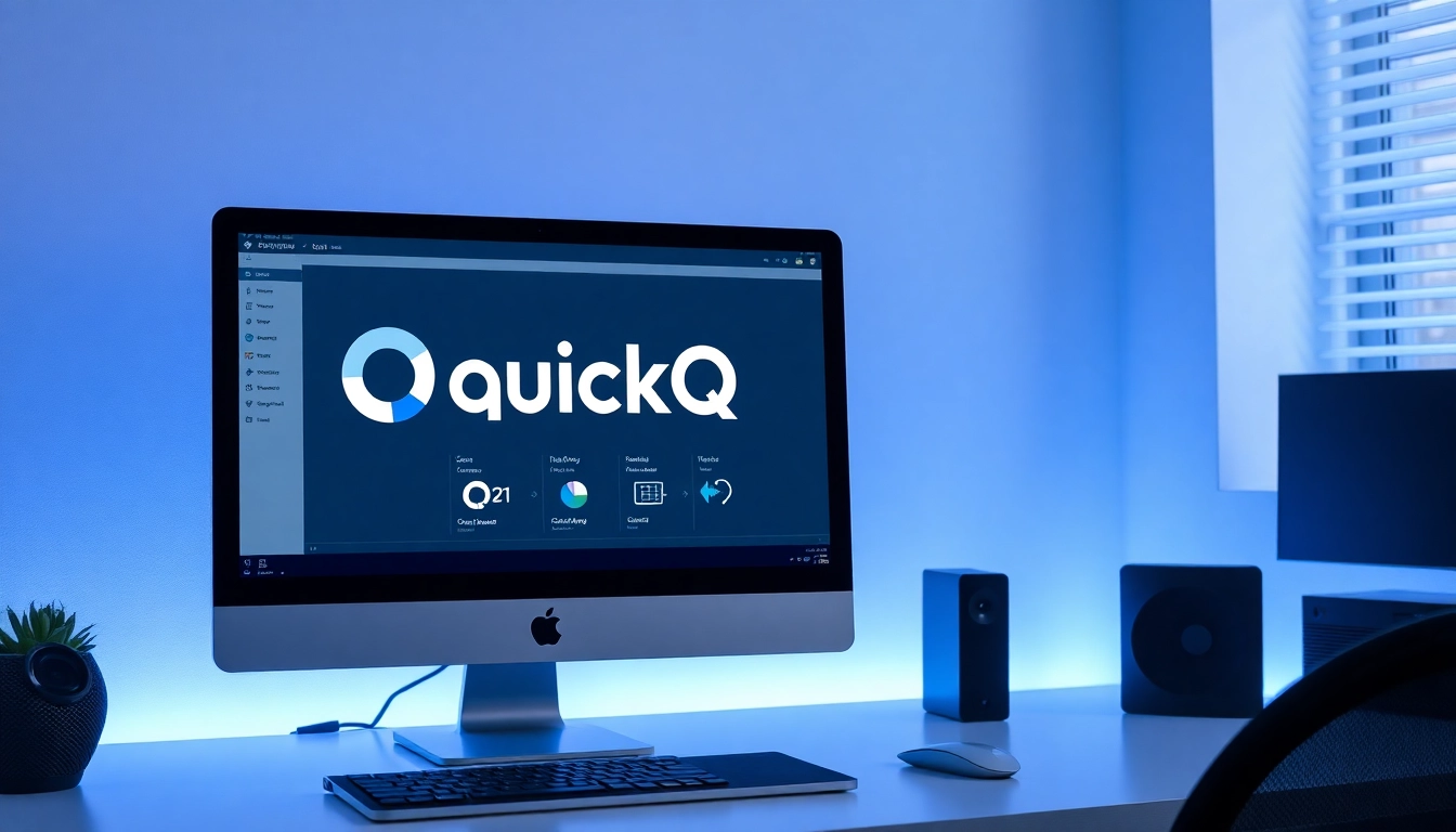 QuickQ官网 showcasing an intuitive software interface on a sleek desktop setup for enhanced user experience.