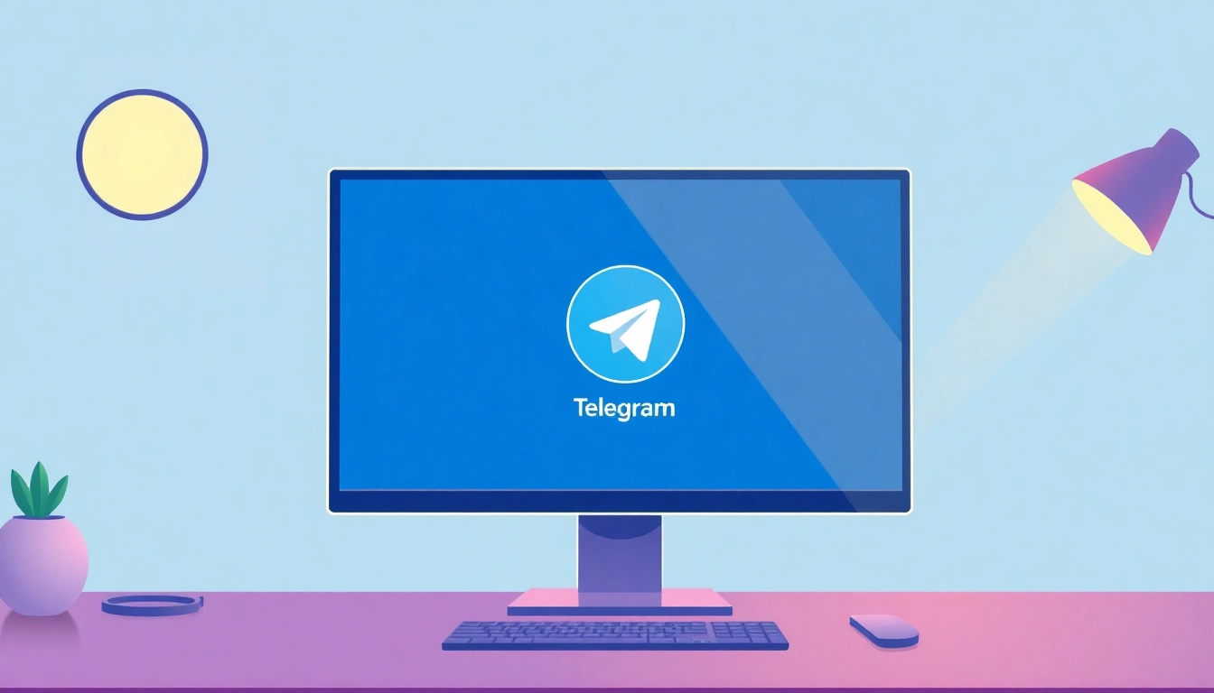 Illustration of a computer displaying telegram电脑下载, emphasizing user interaction and interface features.
