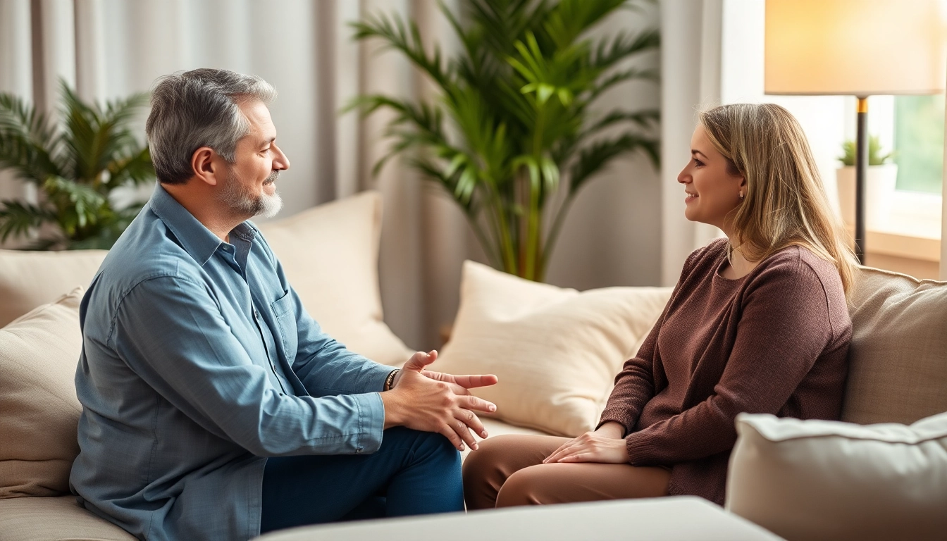 Therapist assisting patient in dealing with anxiety in a soothing office setting.
