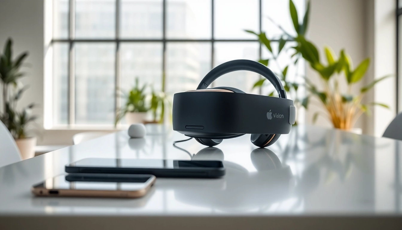 Buy Vision Pro headset in a modern office setting with tech accessories.