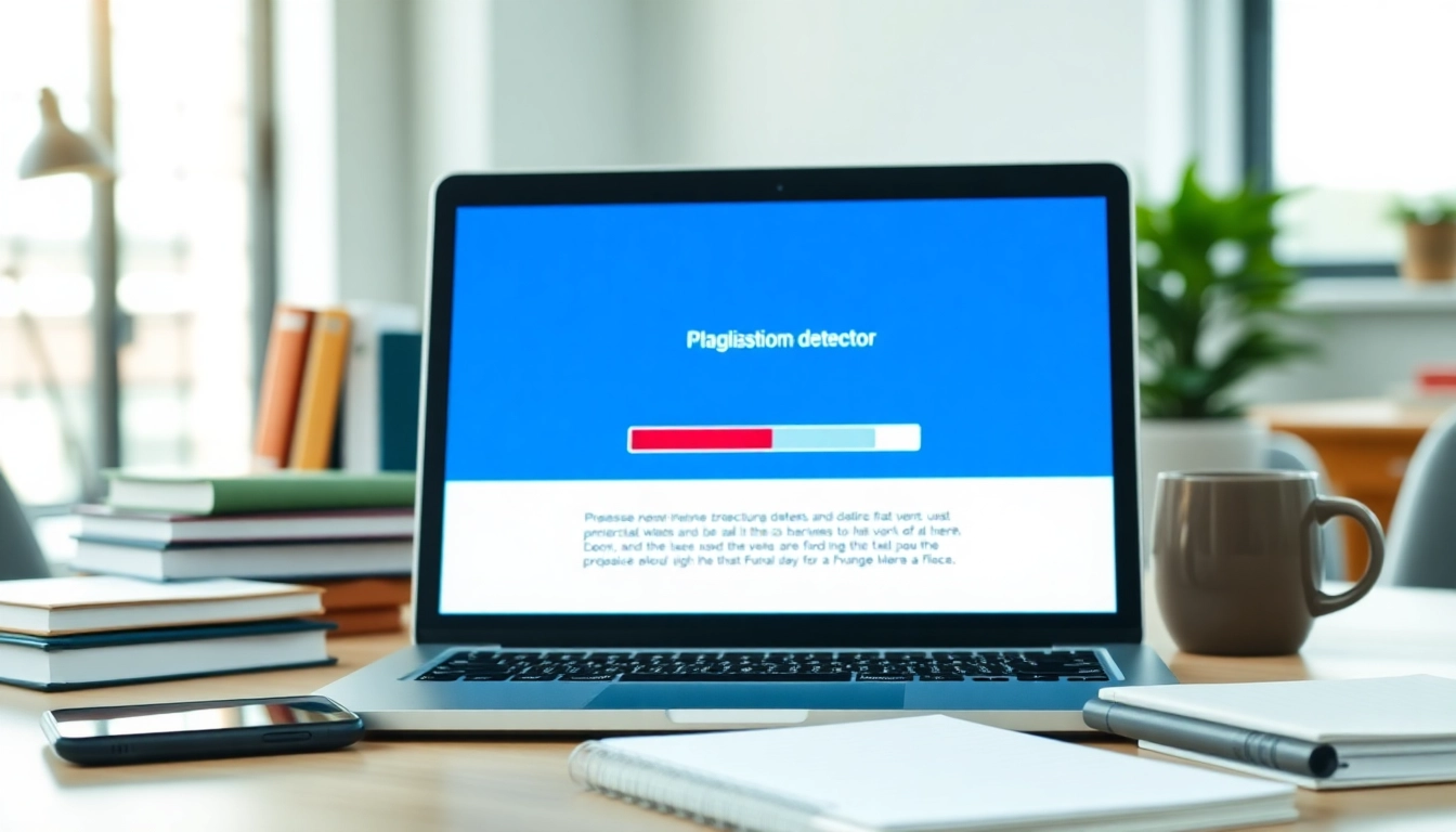 Using a plagiarism detector tool on a laptop screen showcasing its scanning interface.