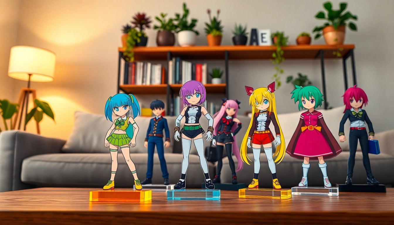 Showcase unique acrylic standees featuring vibrant designs in a cozy living room setting.
