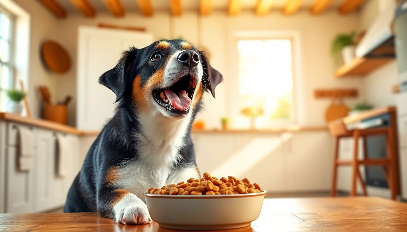 Dog enjoying badlands ranch dog food in a bright kitchen setting, emphasizing natural ingredients.