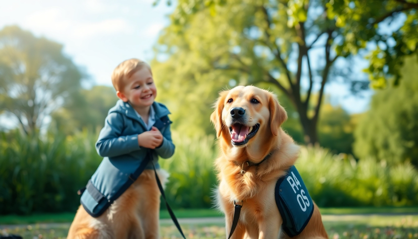 Child interacts with autism service dog in a tranquil park, showcasing their bond and support.