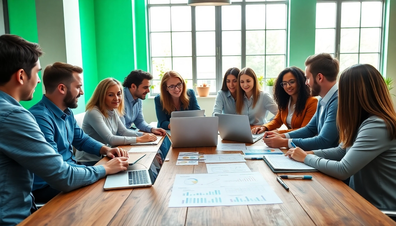 Engaged team in a social media agency brainstorming innovative strategies in a vibrant office.