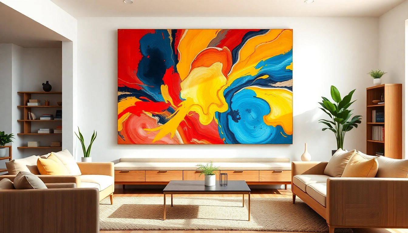 Engaging abstract paintings art enhancing a modern living room atmosphere with vibrant colors and unique shapes.