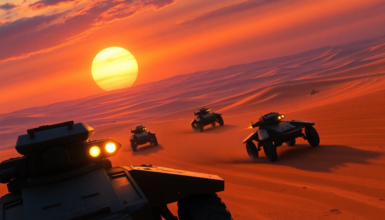 Engaging combat scene from the Dune 2 game showcasing armored vehicles in action.