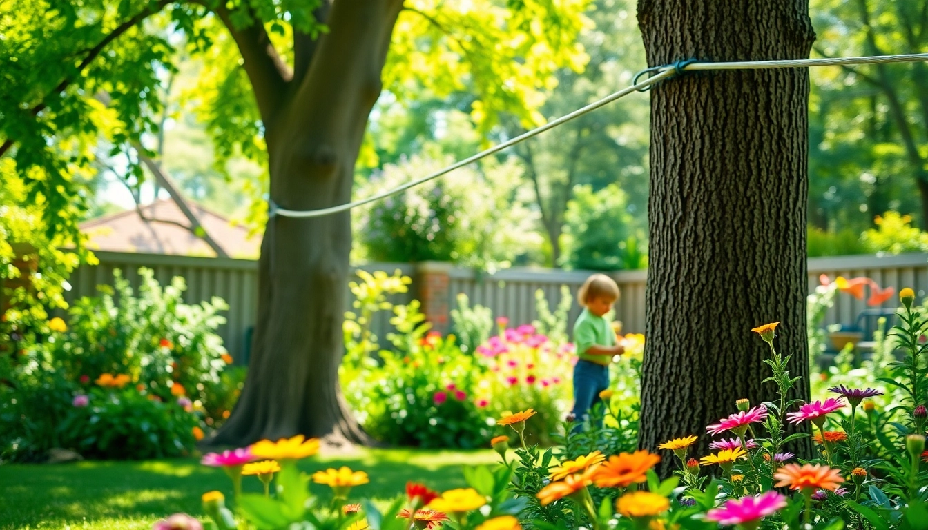 Engaging scene with a GARDEN ZIP WIRE KIT set up in a vibrant backyard, children preparing for fun.