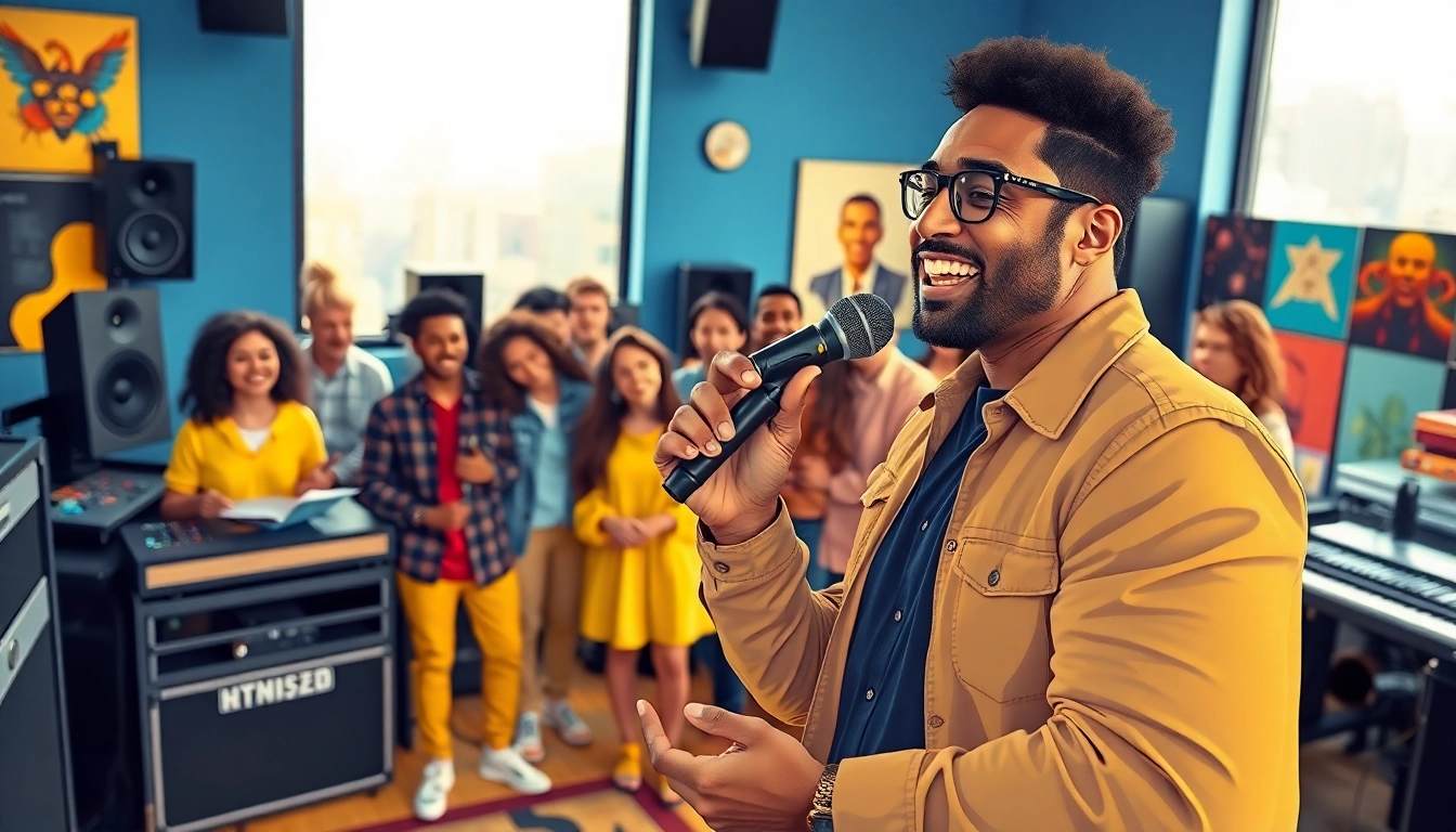 Engaging scene of music pitching, showcasing a musician presenting to curators in a lively studio.