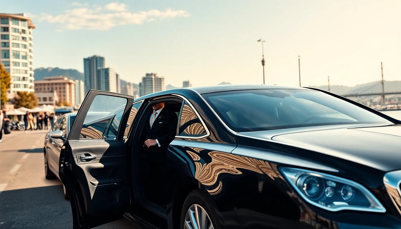 Limo service Vancouver Airport with a chauffeur welcoming guests in a vibrant Vancouver setting.