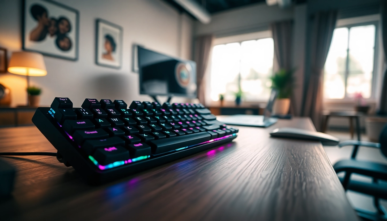 Typing on a mechanical Keyboard with colorful backlighting in a modern workspace.