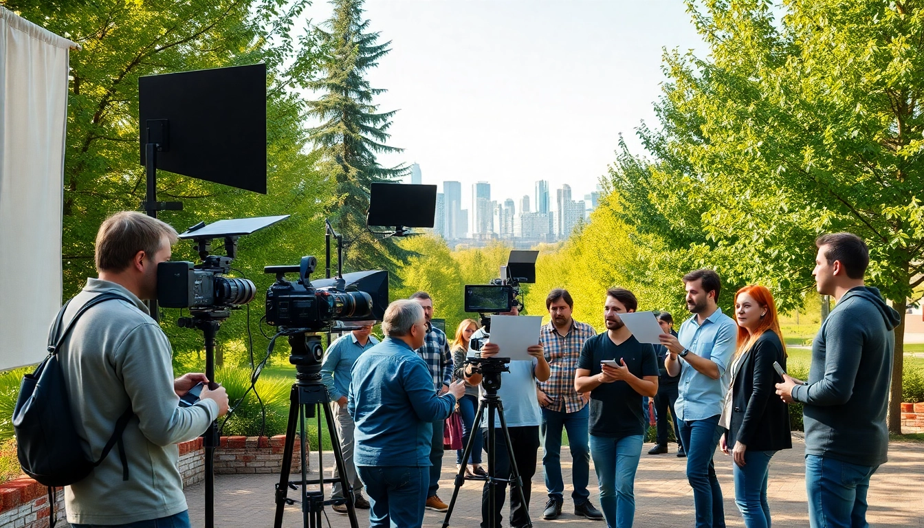 Showcasing edmonton production companies with a vibrant film crew collaborating in an urban setting.