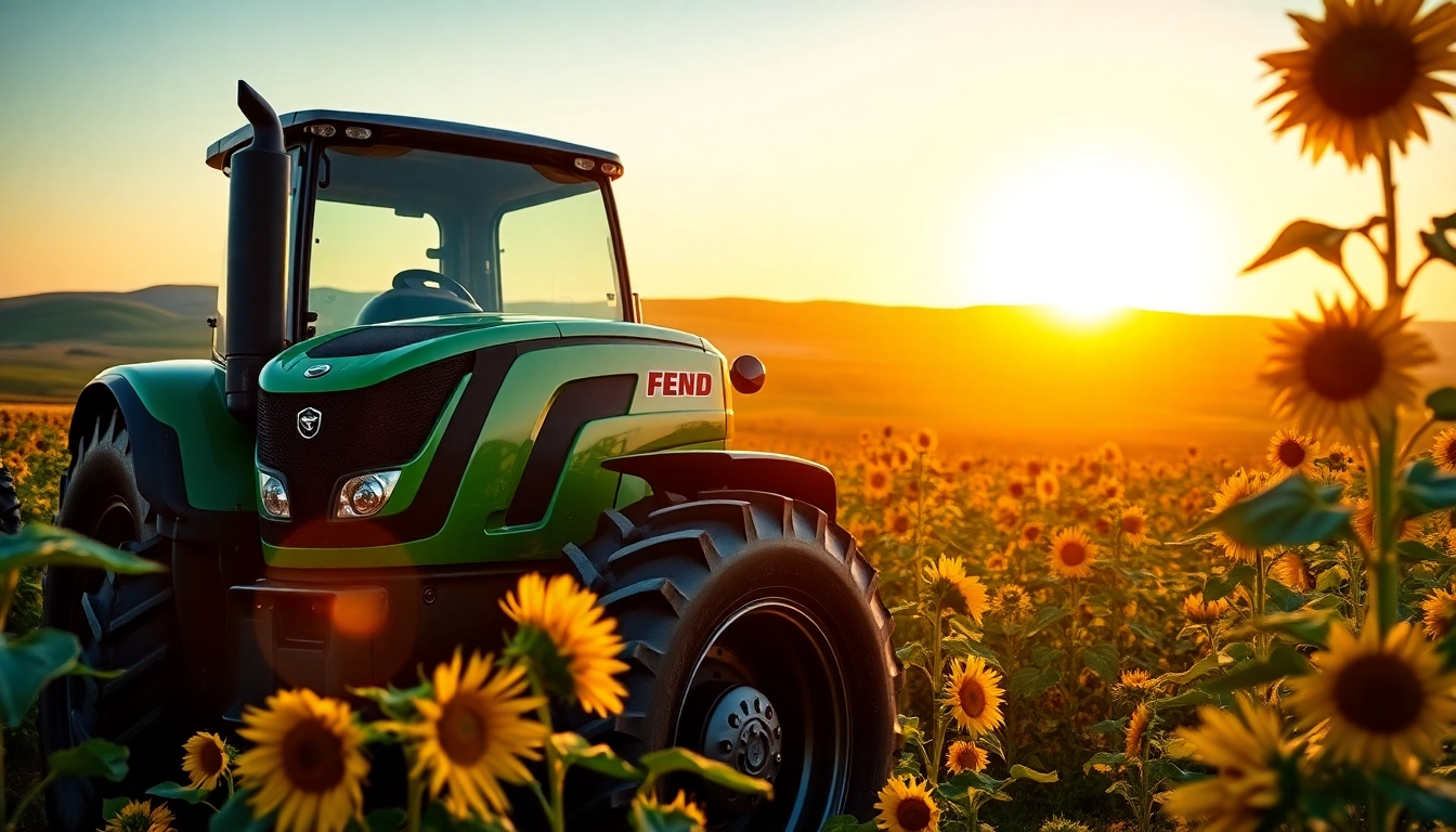 Fendt Traktor fährt durch ein Sonnenblumenfeld bei Sonnenuntergang.