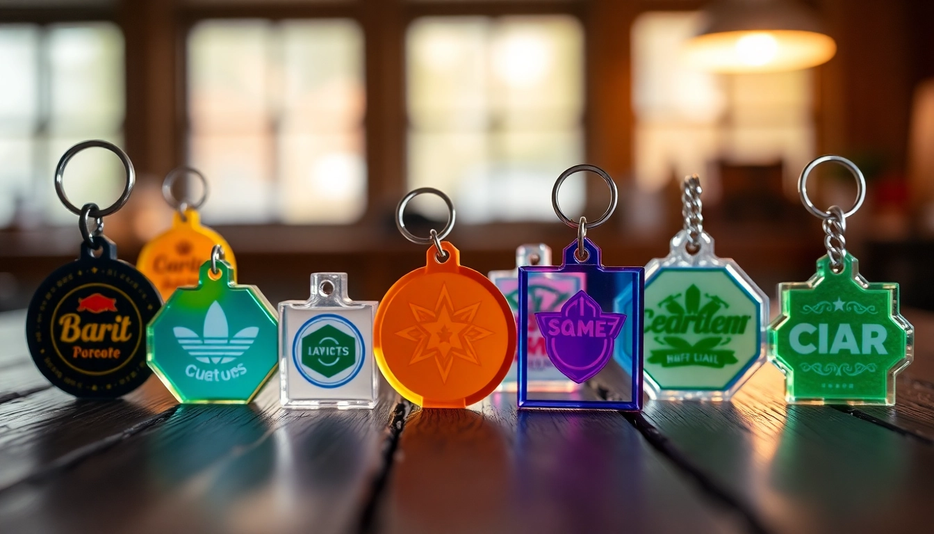 Customized acrylic keychain custom designs showcased on a wooden surface.