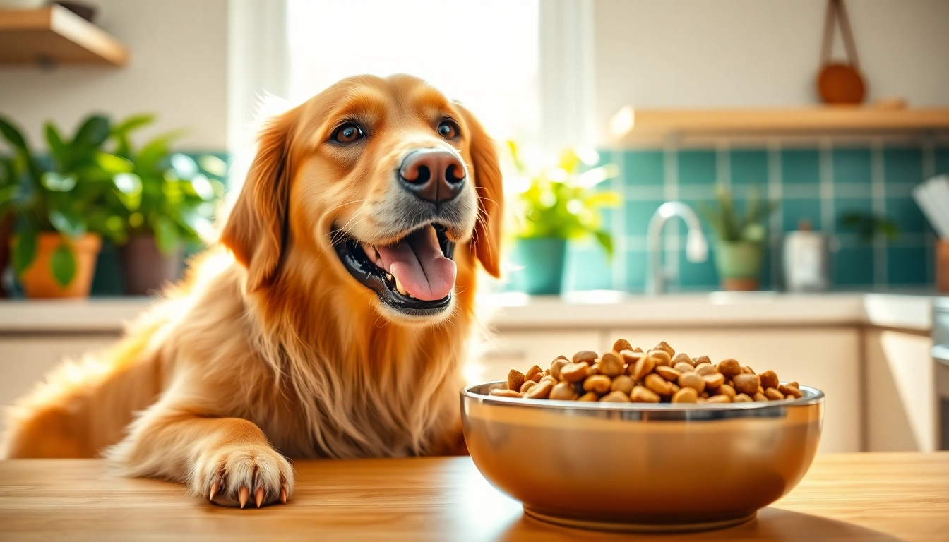 Feeding time for a happy dog with nature's blend dog food canada in a cheerful kitchen setting.