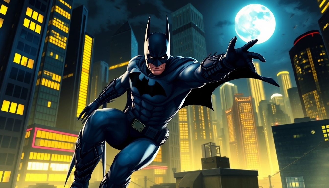 Menampilkan aksi menarik dalam game batman138 dengan Batman di lanskap urban malam.