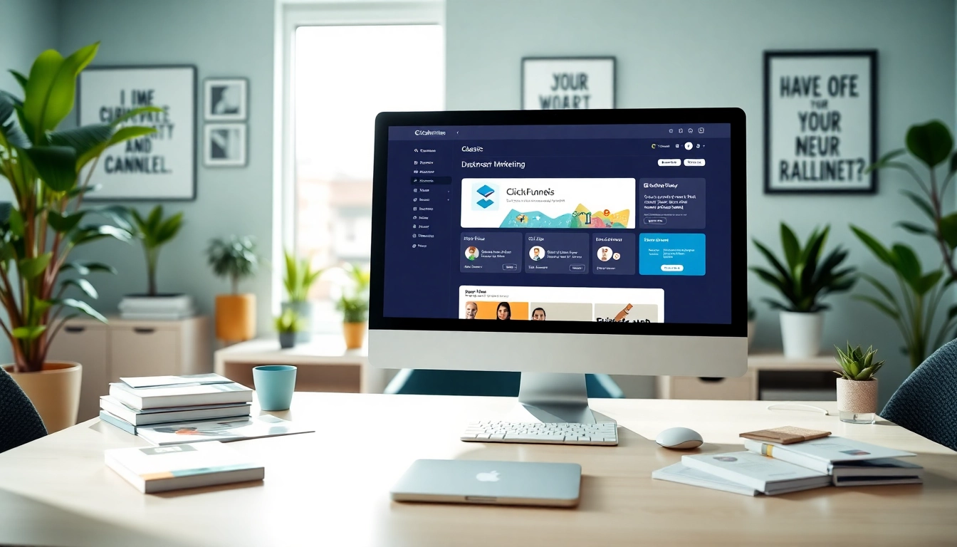 Showcase of ClickFunnels Classic interface in a vibrant marketing workspace.