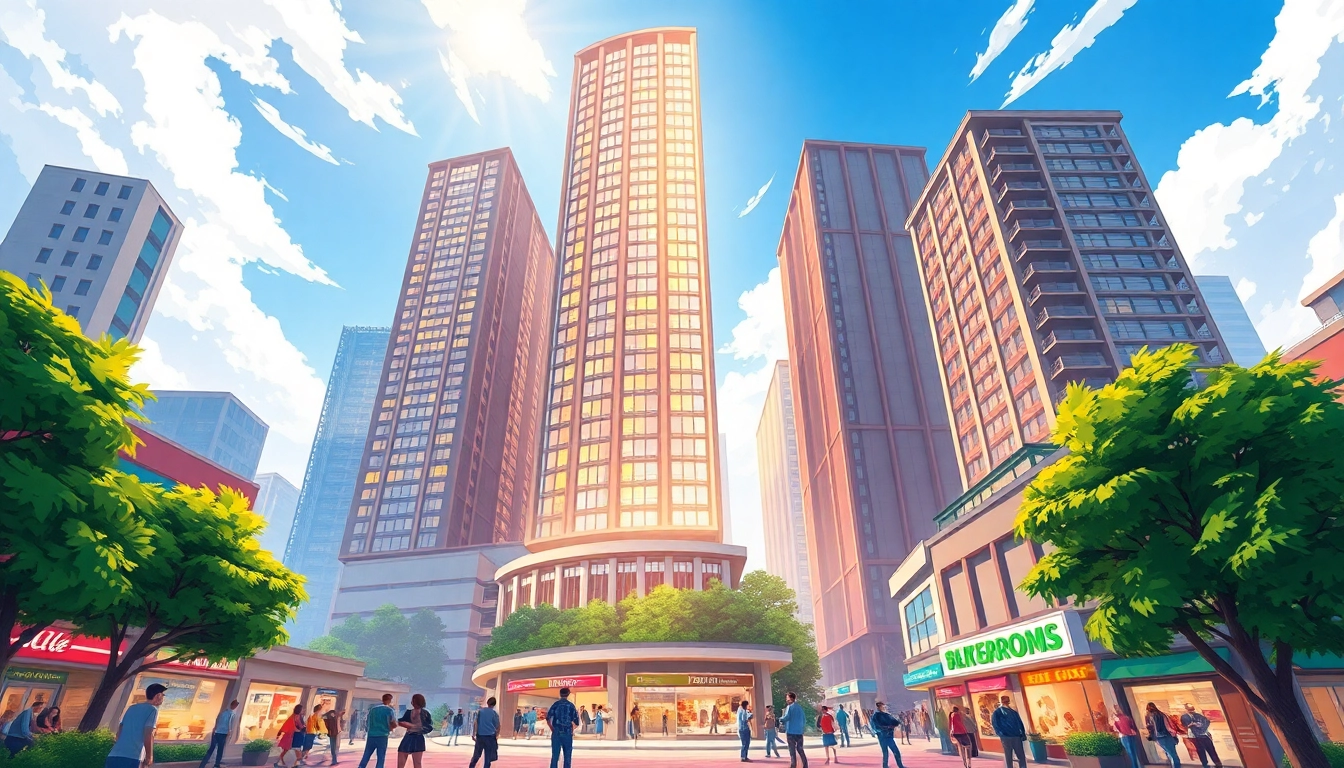Gamers build their dream skyscraper in sim tower with vibrant urban life around it.