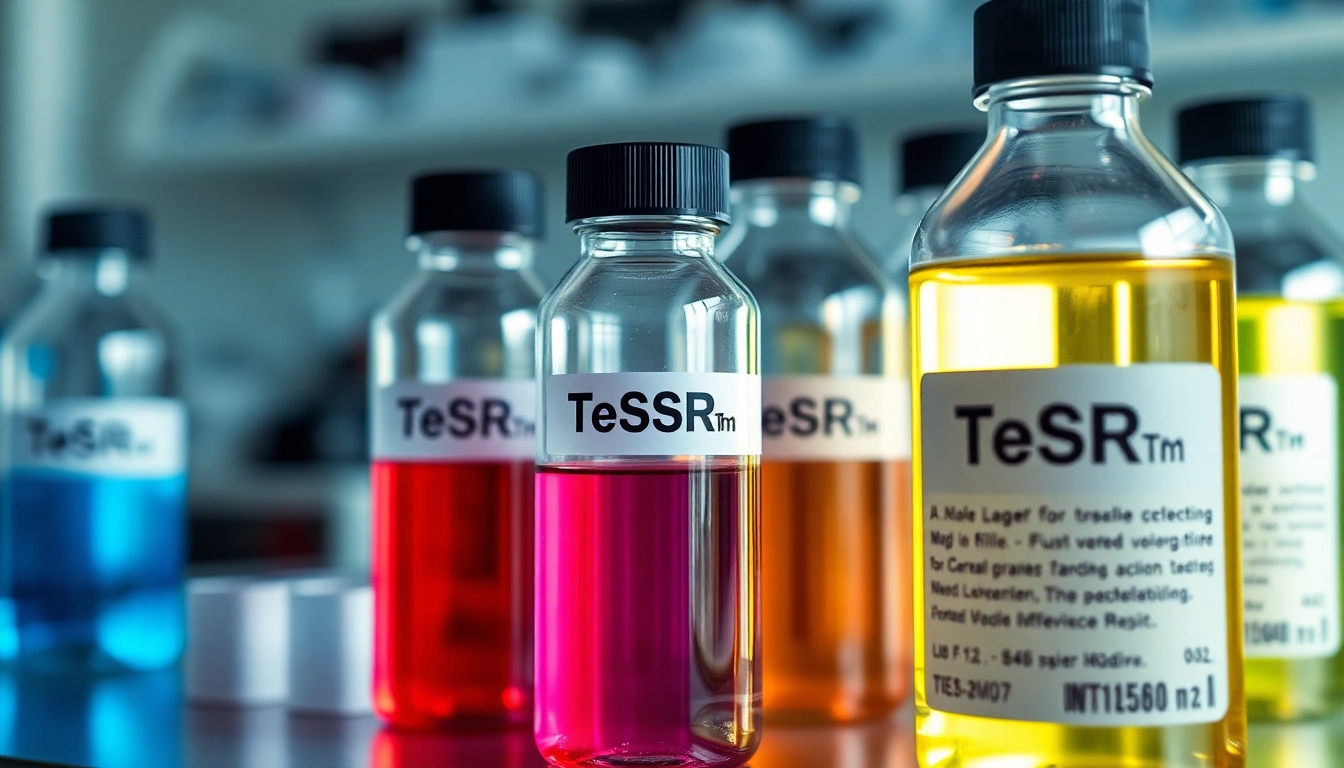 Showcasing all check TeSR™ feeder-free pluripotent stem cell culture media in a lab setting with vibrant colors.