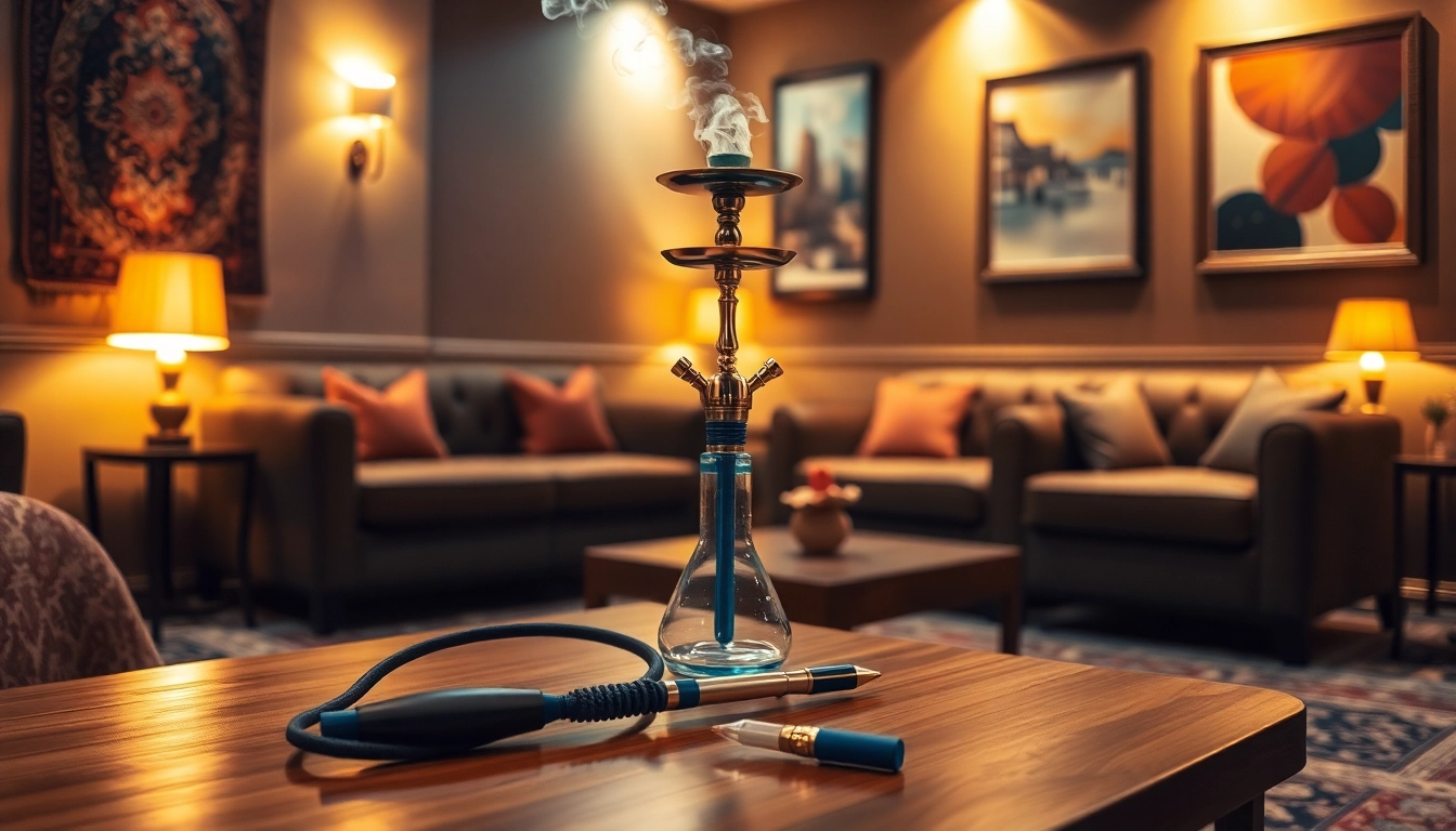 Admiring a high quality hookah elegantly placed on a wooden table surrounded by a cozy lounge atmosphere.